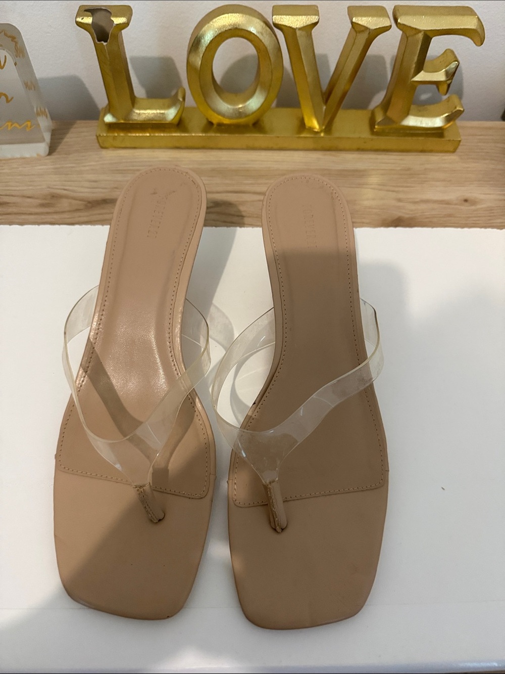 Forever 21 Nude Square-Toe Sandals with Clear Straps